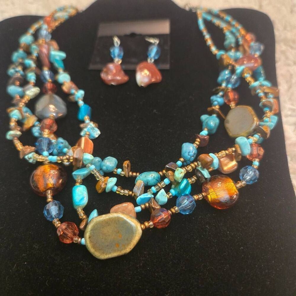 NEW Turquoise Bead 4 Strand Necklace & Earrings Set - Picture 6 of 8